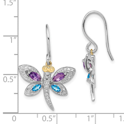 Sterling Silver/14K Rhodium Plated Amethyst/bl Topaz/diamond Dragonfly Earrings