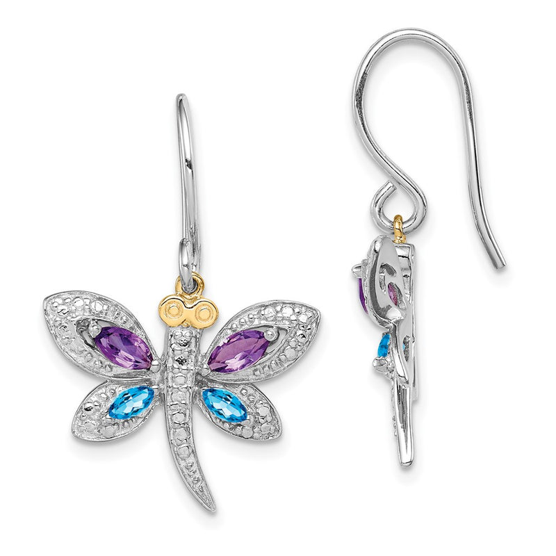 Sterling Silver/14K Rhodium Plated Amethyst/bl Topaz/diamond Dragonfly Earrings