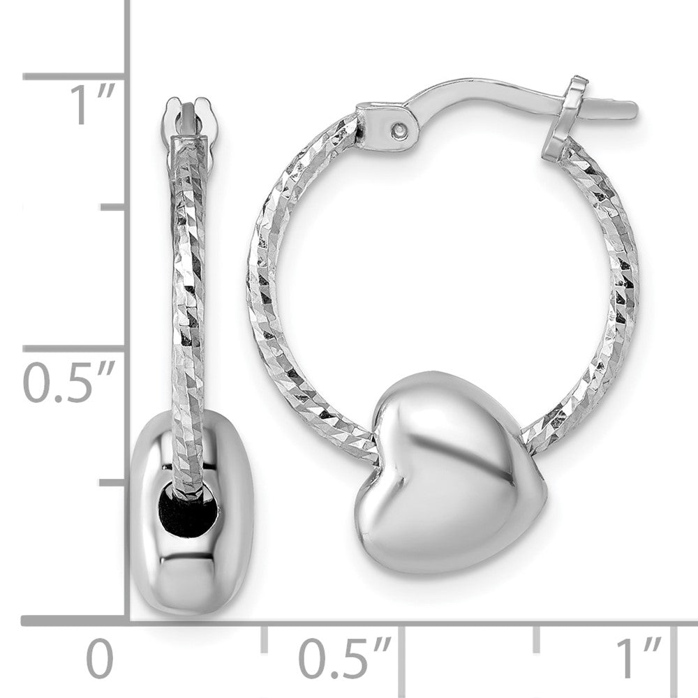 Sterling Silver Rhodium Plated Twisted D/c W/ Heart Bead Hoop Earrings