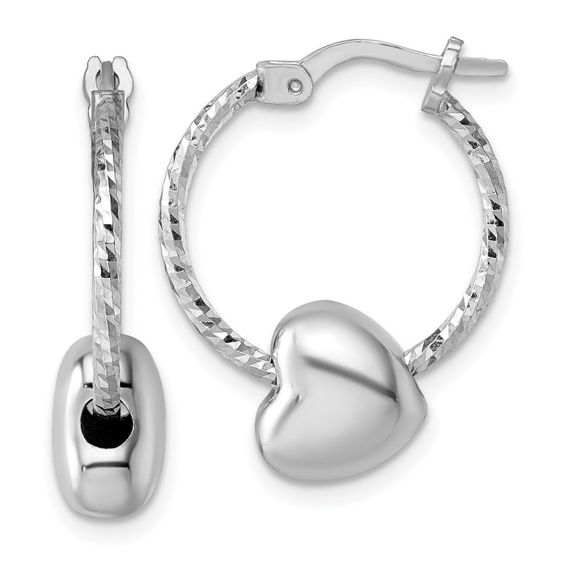 Sterling Silver Rhodium Plated Twisted D/c W/ Heart Bead Hoop Earrings