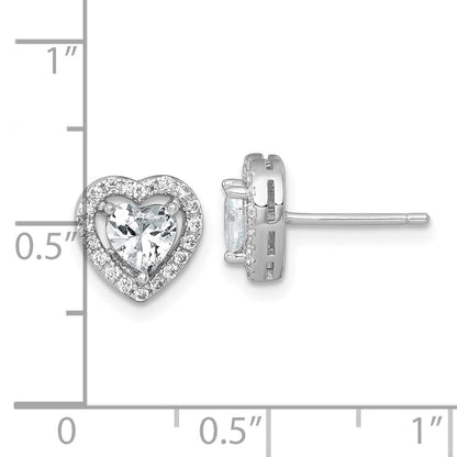 Sterling Silver Rhodium Plated Polished 9mm Heart Halo CZ Post Earrings