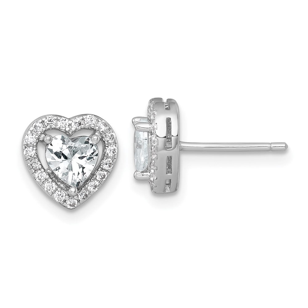 Sterling Silver Rhodium Plated Polished 9mm Heart Halo CZ Post Earrings