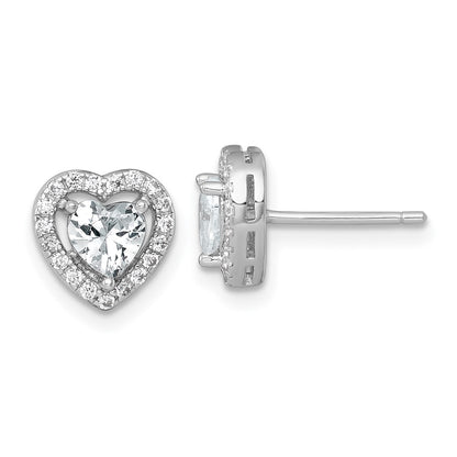 Sterling Silver Rhodium Plated Polished 9mm Heart Halo CZ Post Earrings