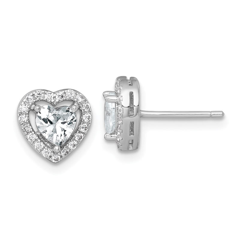Sterling Silver Rhodium Plated Polished 9mm Heart Halo CZ Post Earrings