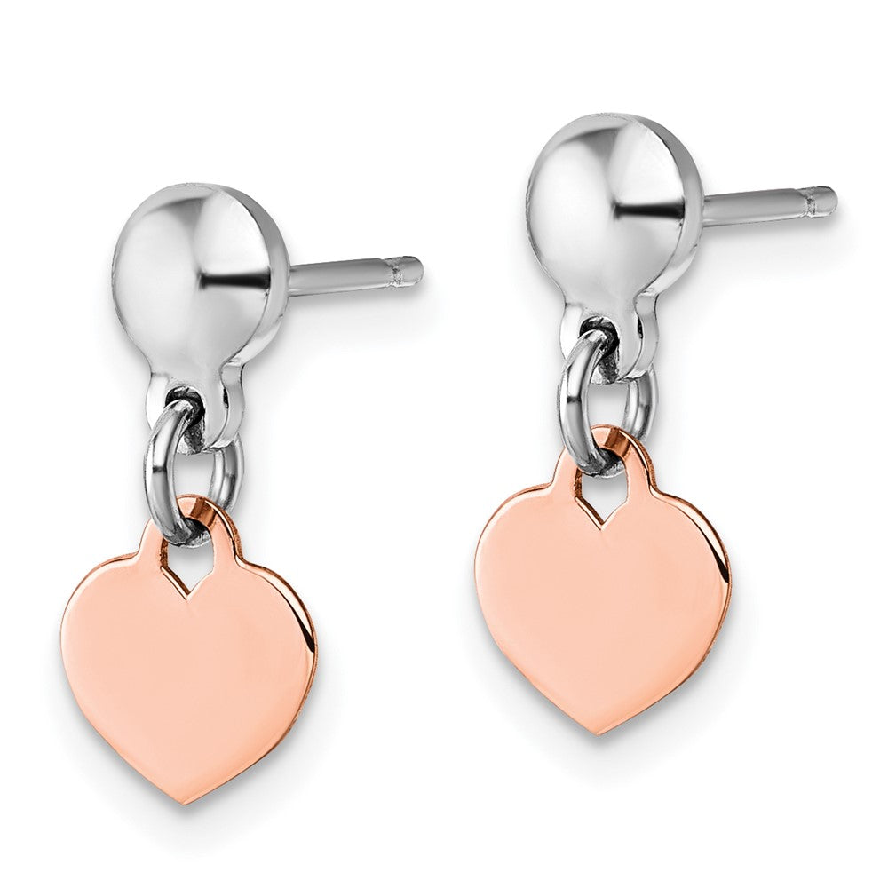 Sterling Silver Rhodium-Plated Rose-Tone Heart Post Dangle Earrings