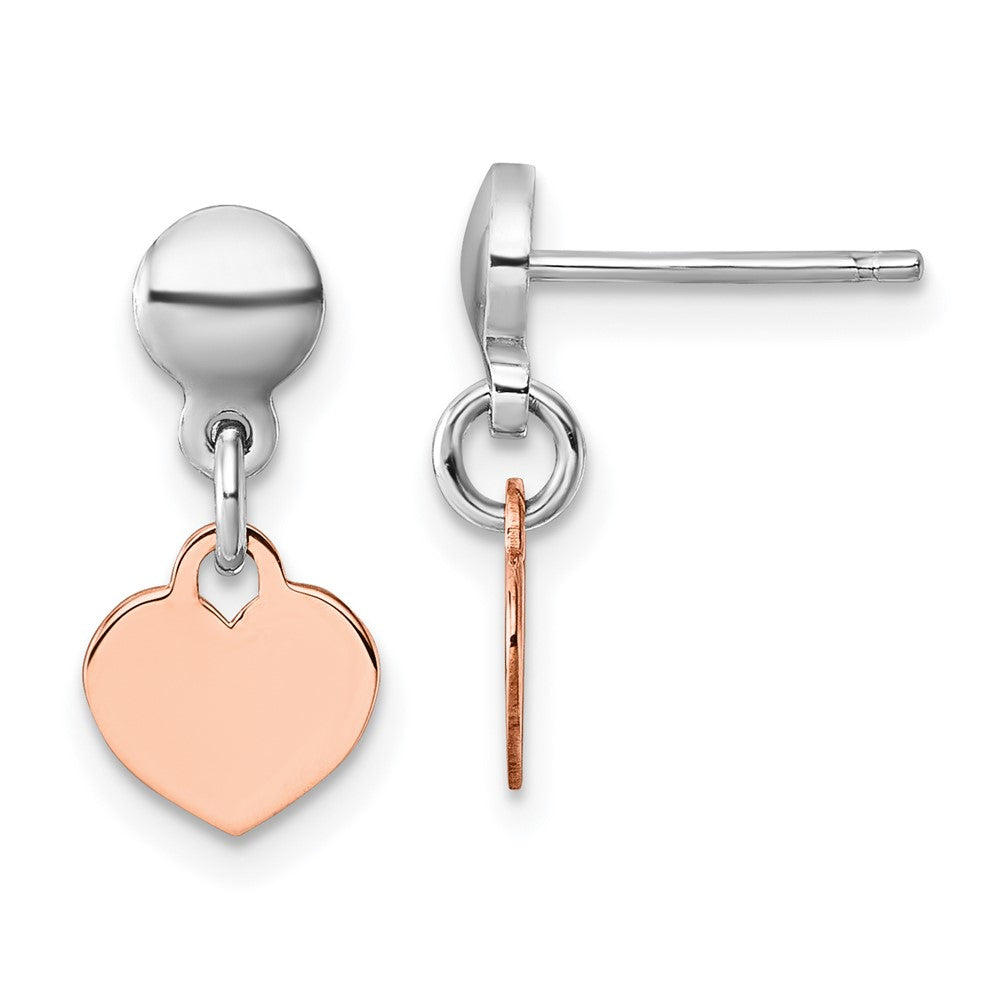 Sterling Silver Rhodium-Plated Rose-Tone Heart Post Dangle Earrings
