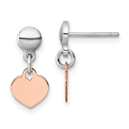 Sterling Silver Rhodium-Plated Rose-Tone Heart Post Dangle Earrings