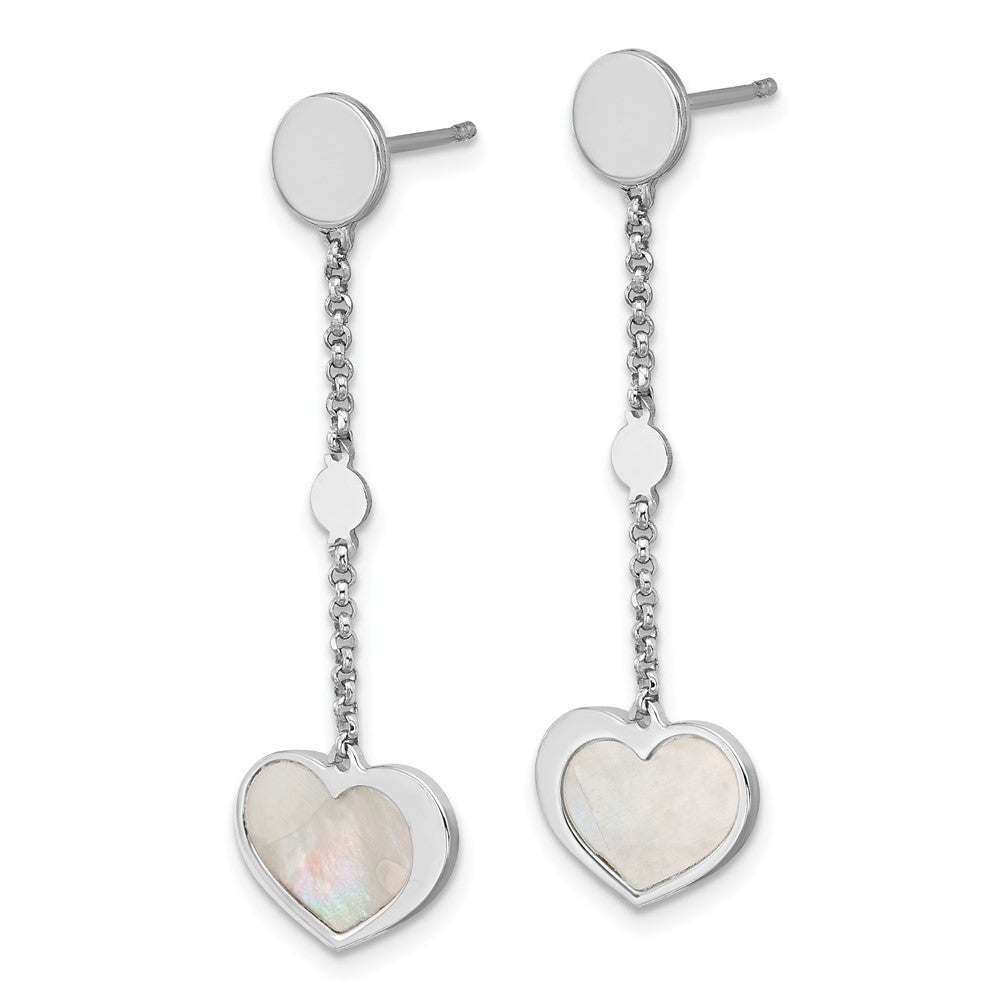 Sterling Silver Rhodium Plated Mother of Pearl Heart Post Dangle Earrings