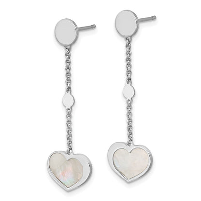 Sterling Silver Rhodium Plated Mother of Pearl Heart Post Dangle Earrings