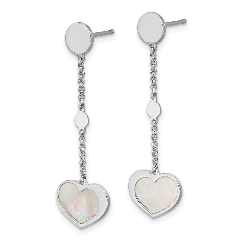 Sterling Silver Rhodium Plated Mother of Pearl Heart Post Dangle Earrings