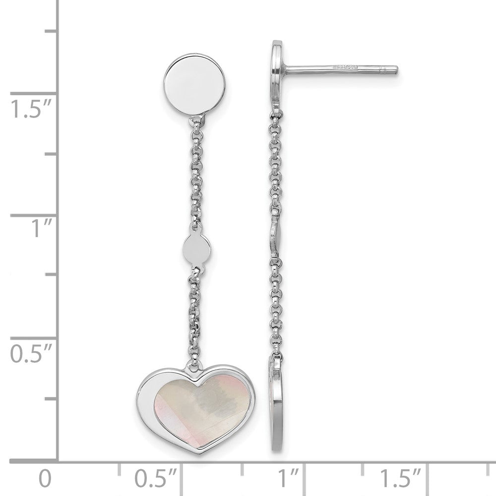 Sterling Silver Rhodium Plated Mother of Pearl Heart Post Dangle Earrings