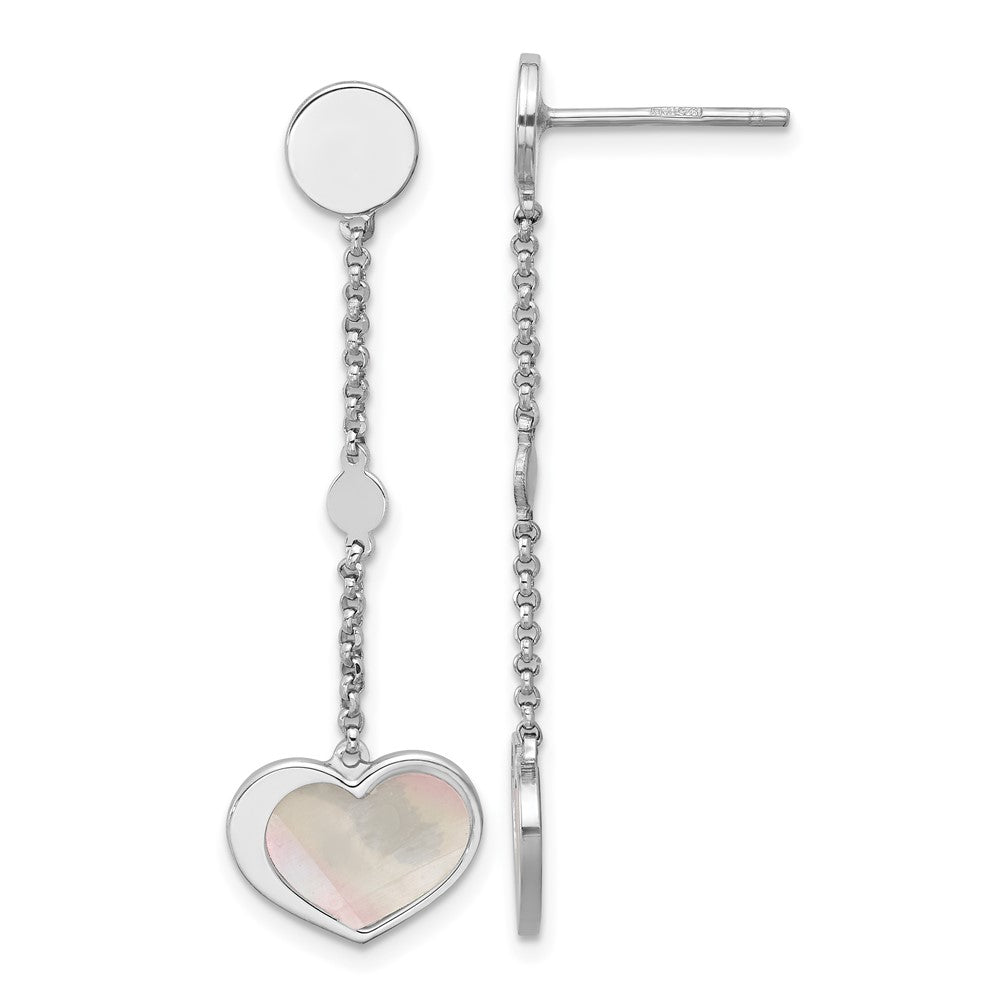 Sterling Silver Rhodium Plated Mother of Pearl Heart Post Dangle Earrings
