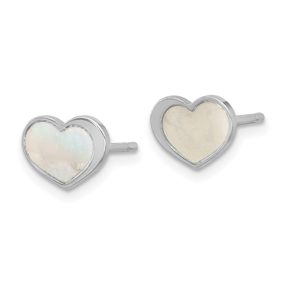 Sterling Silver Rhodium Plated Mother of Pearl Heart Post Earrings