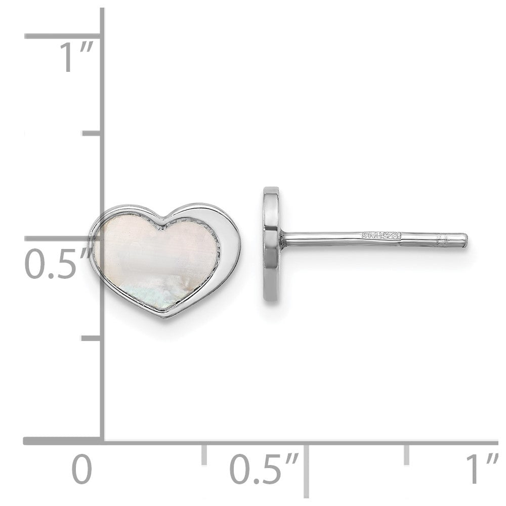 Sterling Silver Rhodium Plated Mother of Pearl Heart Post Earrings