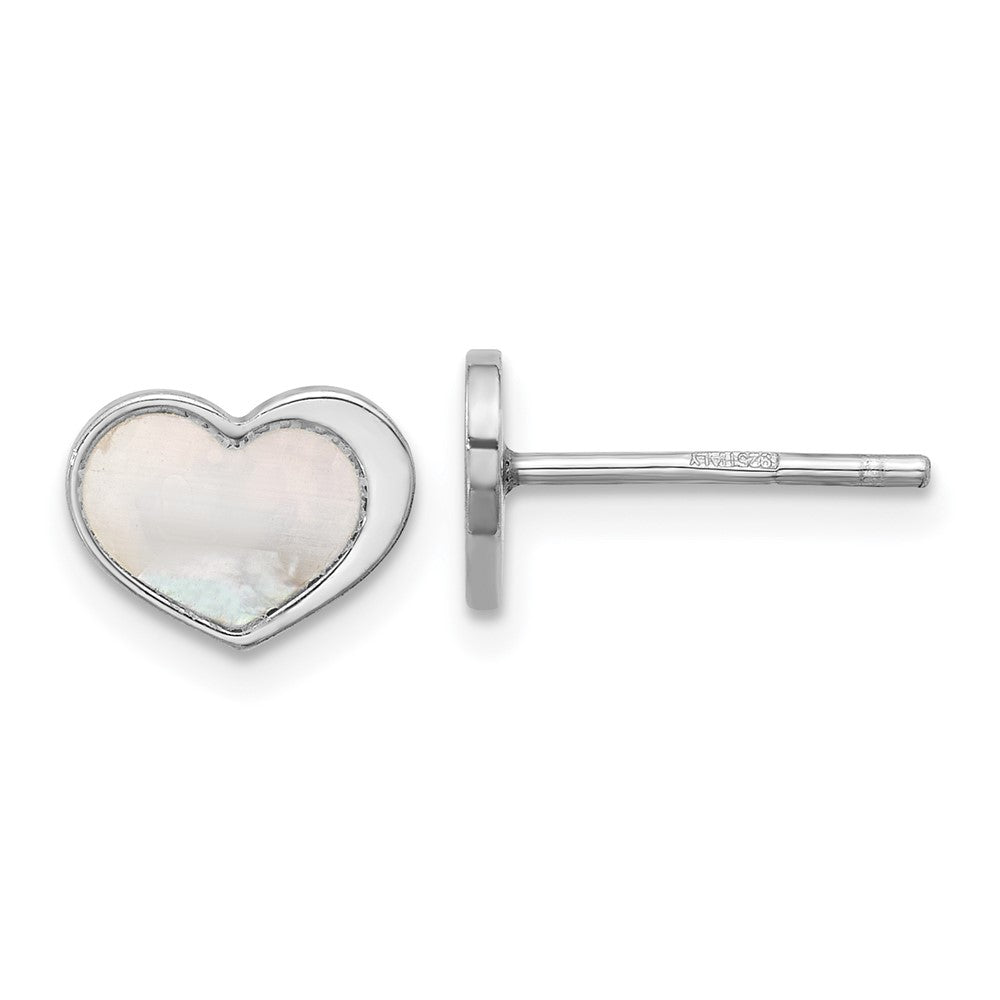 Sterling Silver Rhodium Plated Mother of Pearl Heart Post Earrings