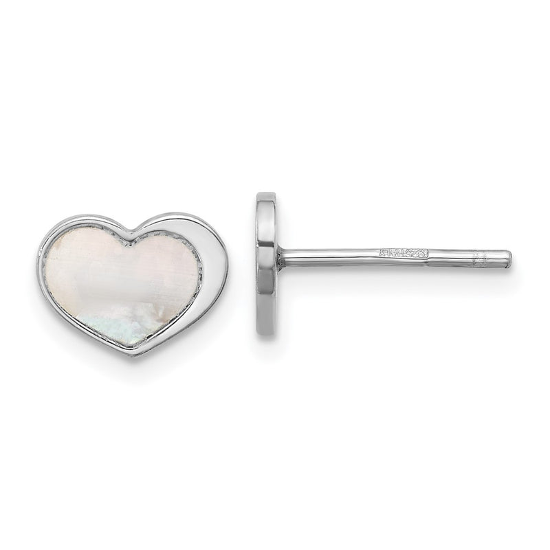 Sterling Silver Rhodium Plated Mother of Pearl Heart Post Earrings