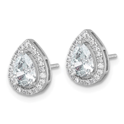 Sterling Silver Rhodium Plated Polished 11x9mm Halo Pear CZ Post Earrings