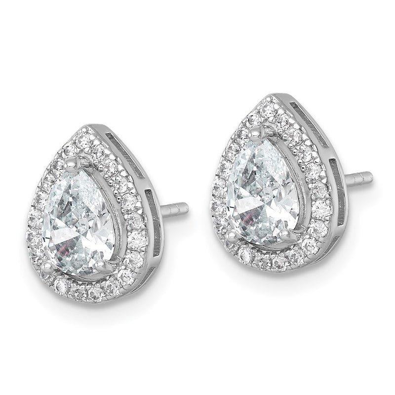 Sterling Silver Rhodium Plated Polished 11x9mm Halo Pear CZ Post Earrings