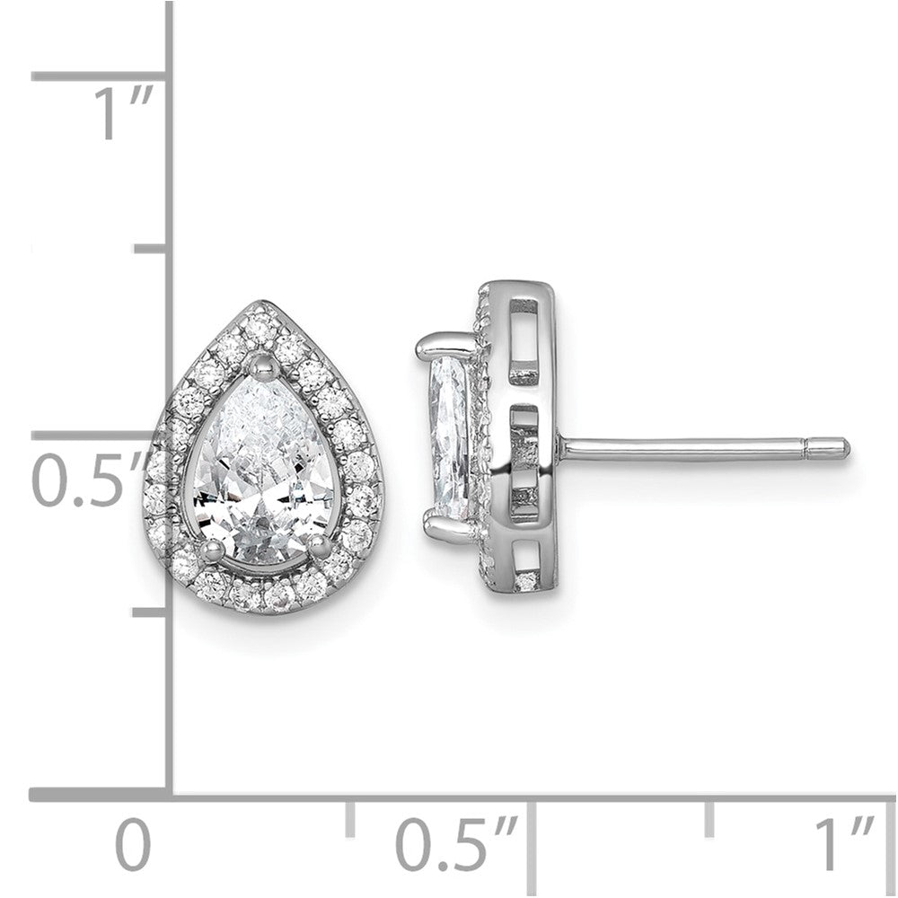 Sterling Silver Rhodium Plated Polished 11x9mm Halo Pear CZ Post Earrings