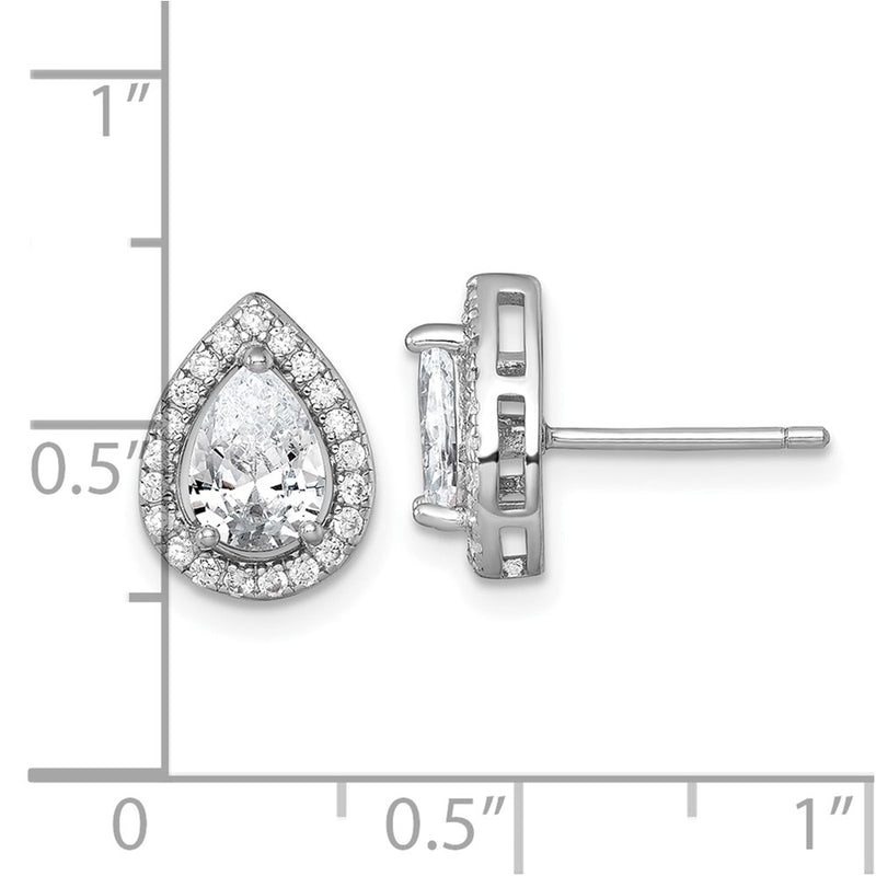 Sterling Silver Rhodium Plated Polished 11x9mm Halo Pear CZ Post Earrings