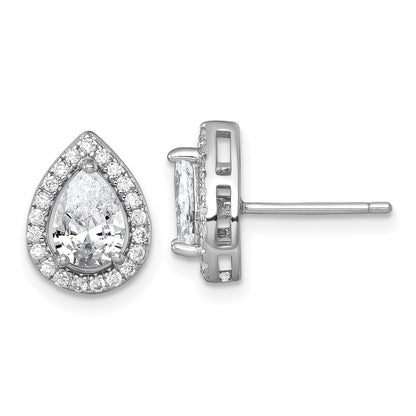 Sterling Silver Rhodium Plated Polished 11x9mm Halo Pear CZ Post Earrings