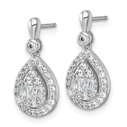 Sterling Silver Rhodium Plated Polished Fancy CZ Teardrop Post Dangle Earrings