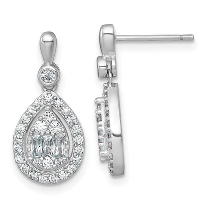 Sterling Silver Rhodium Plated Polished Fancy CZ Teardrop Post Dangle Earrings
