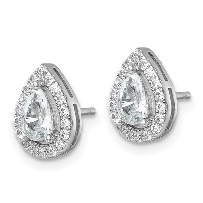 Sterling Silver Rhodium Plated Polished 10x7mm Halo Pear CZ Post Earrings