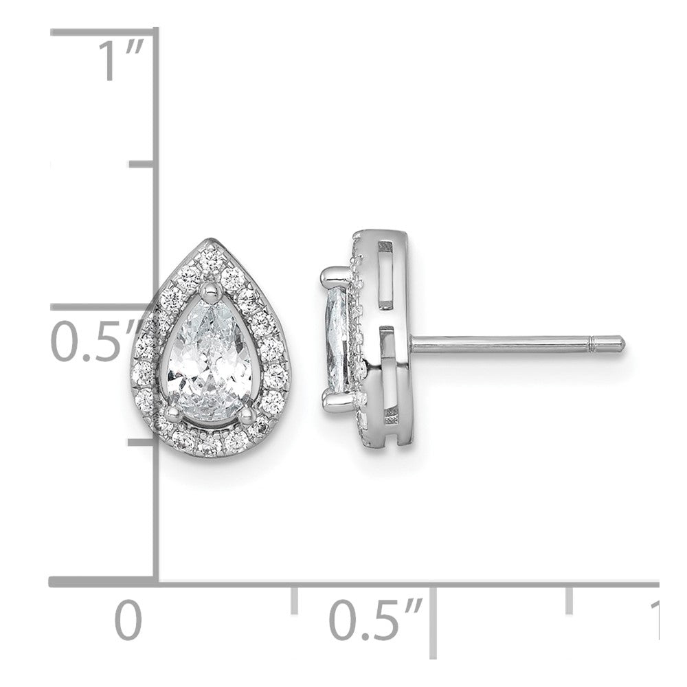 Sterling Silver Rhodium Plated Polished 10x7mm Halo Pear CZ Post Earrings