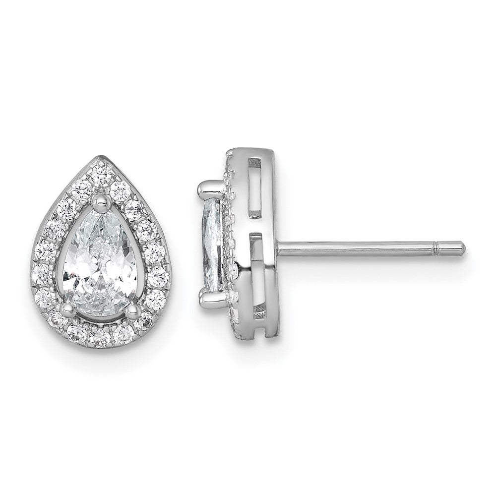 Sterling Silver Rhodium Plated Polished 10x7mm Halo Pear CZ Post Earrings