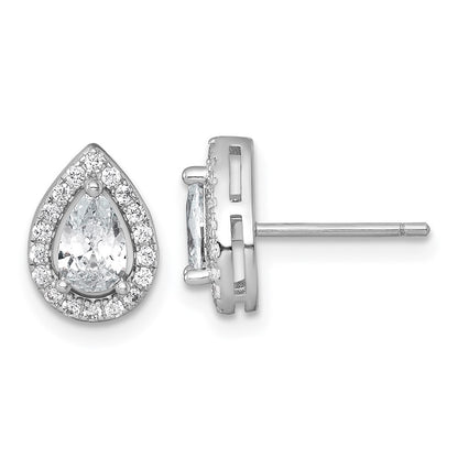 Sterling Silver Rhodium Plated Polished 10x7mm Halo Pear CZ Post Earrings