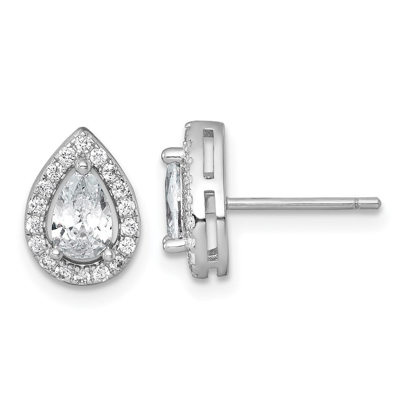 Sterling Silver Rhodium Plated Polished 10x7mm Halo Pear CZ Post Earrings