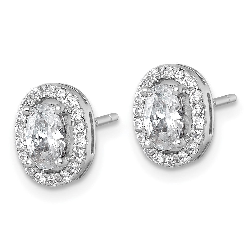 Sterling Silver Rh-Pltd Polished 9.5x7mm Oval Halo CZ Post Earrings