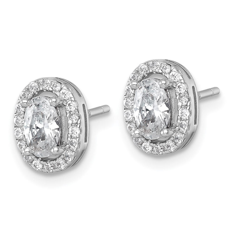 Sterling Silver Rh-Pltd Polished 9.5x7mm Oval Halo CZ Post Earrings