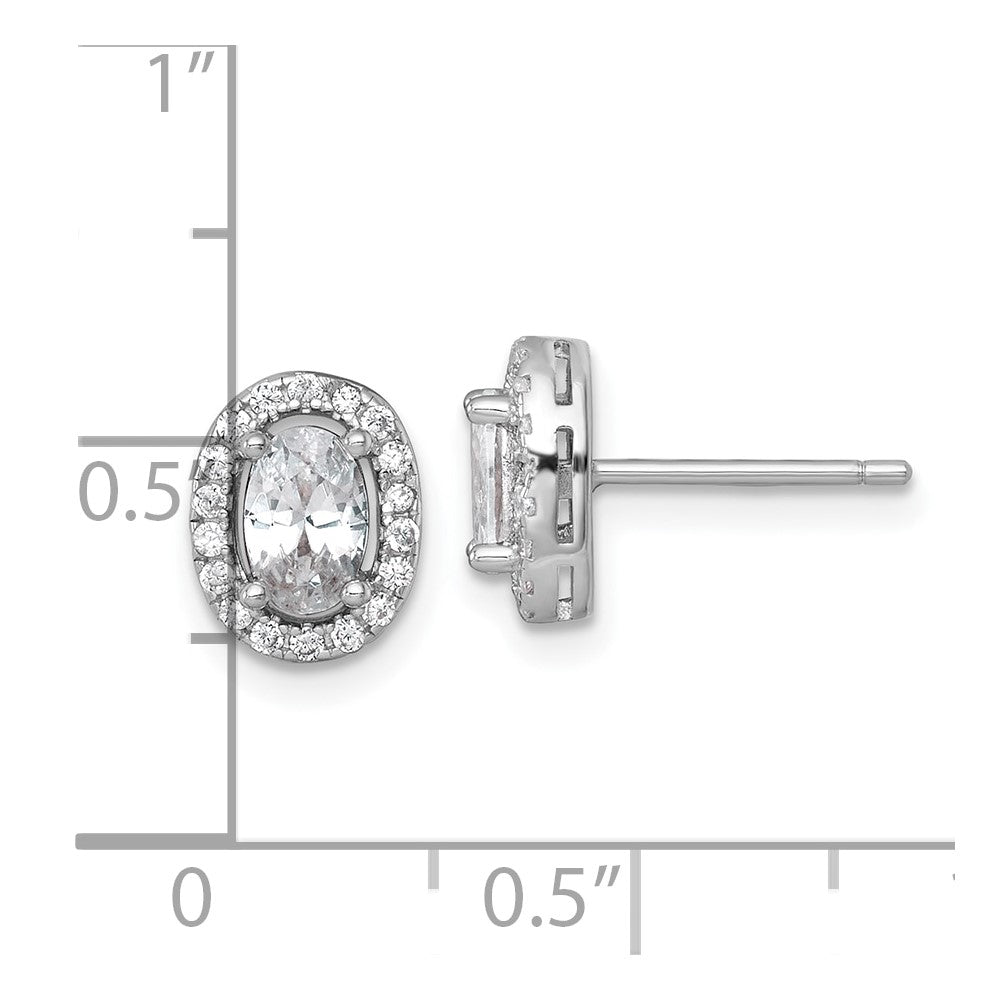 Sterling Silver Rh-Pltd Polished 9.5x7mm Oval Halo CZ Post Earrings