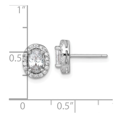 Sterling Silver Rh-Pltd Polished 9.5x7mm Oval Halo CZ Post Earrings
