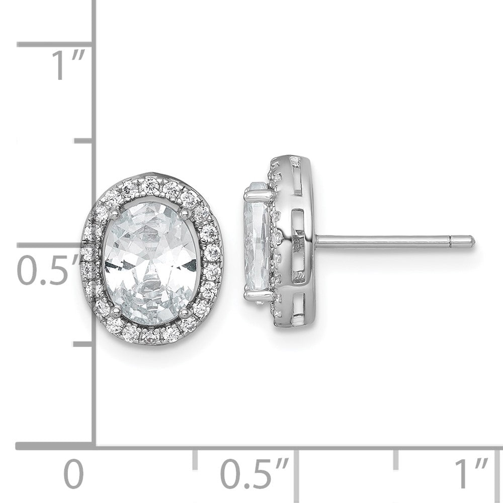 Sterling Silver Rh-Pltd Polished 11x9mm Oval Halo CZ Post Earrings