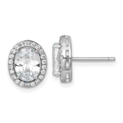 Sterling Silver Rh-Pltd Polished 11x9mm Oval Halo CZ Post Earrings