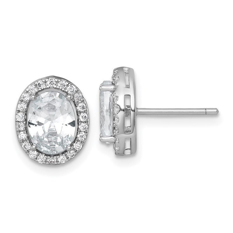 Sterling Silver Rh-Pltd Polished 11x9mm Oval Halo CZ Post Earrings