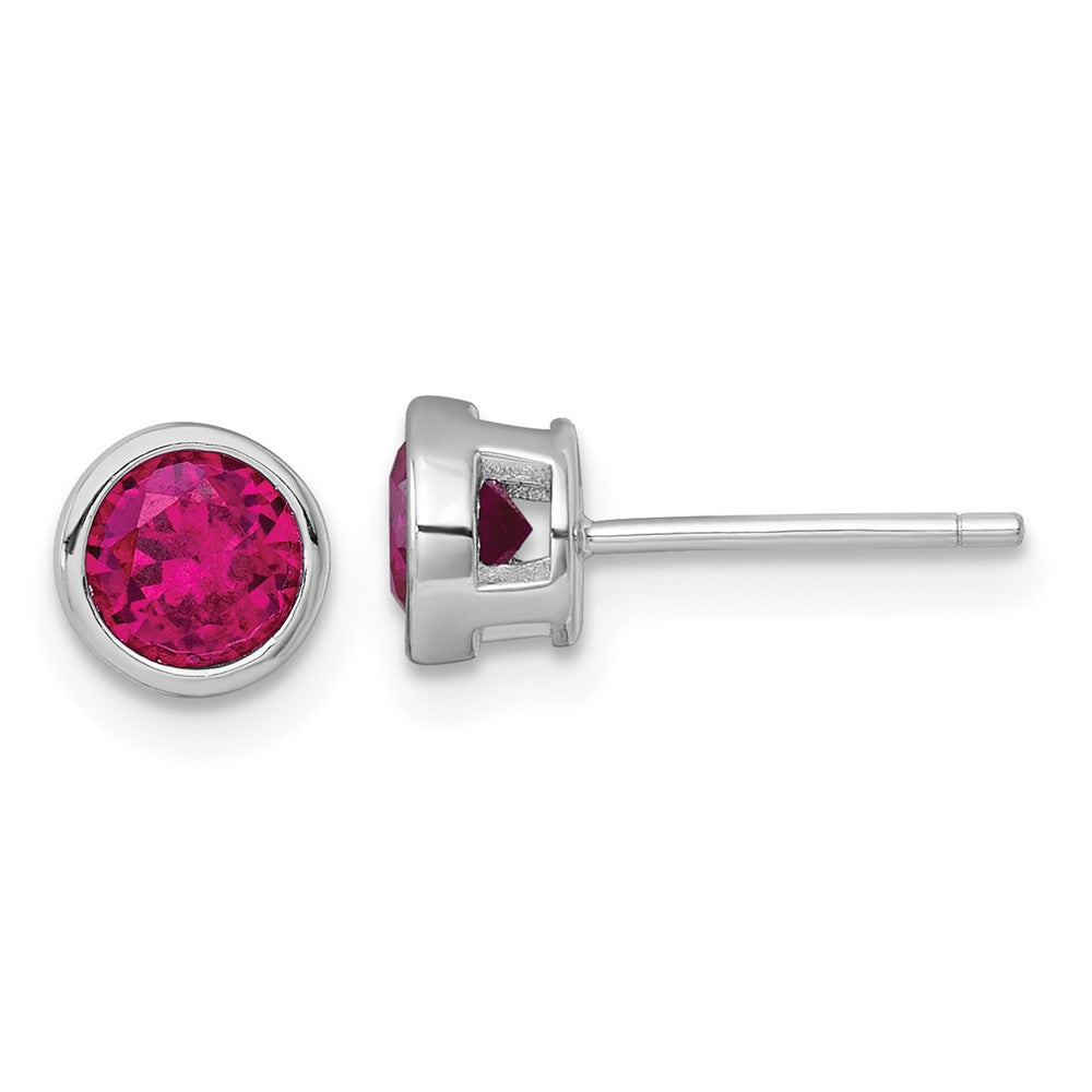 Sterling Silver Rhodium Plated Polished Bezel Set 6.2mm Red CZ Stud Earrings