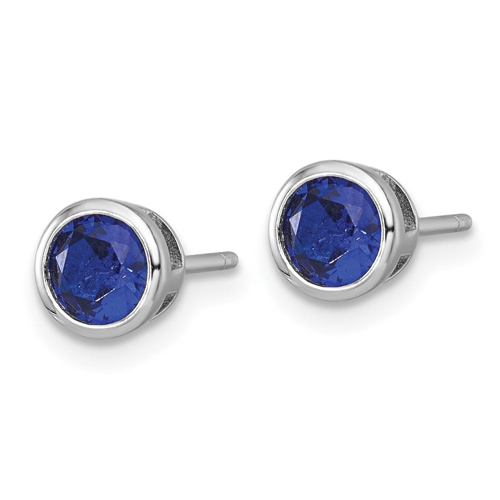 Sterling Silver Rhodium Plated Polished Bezel Set 6.2mm Blue CZ Stud Earrings
