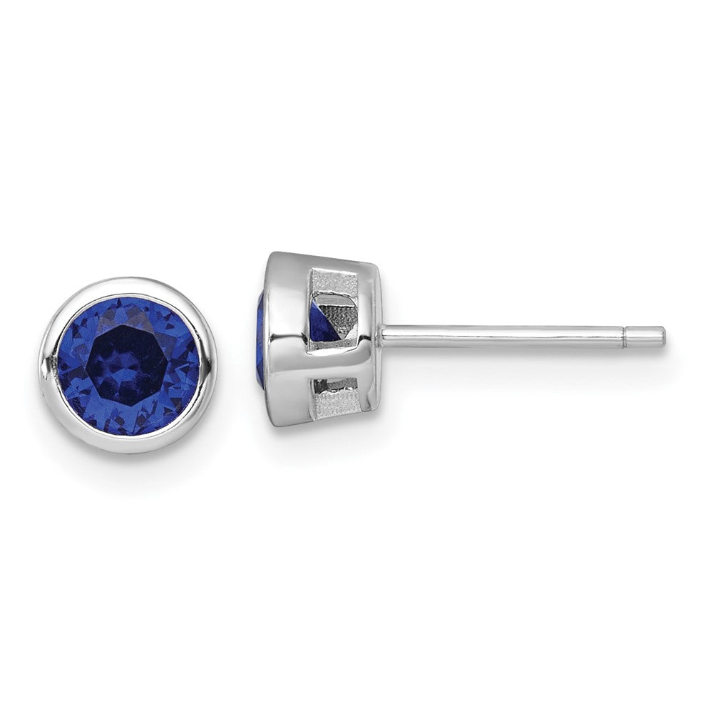 Sterling Silver Rhodium Plated Polished Bezel Set 6.2mm Blue CZ Stud Earrings