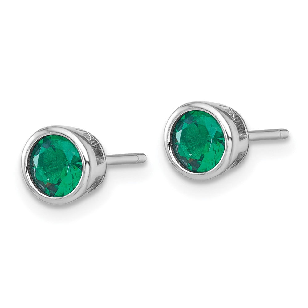 Sterling Silver Rhodium Plated Polished Bezel Set 6.2mm Green CZ Stud Earrings