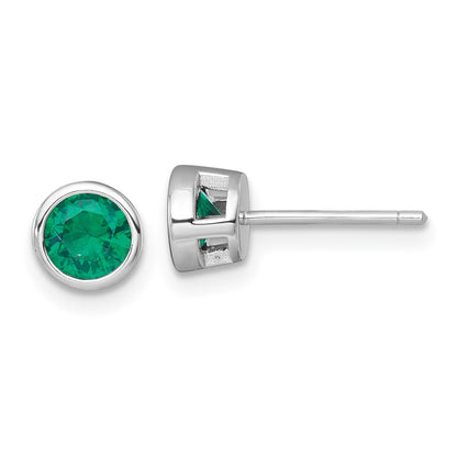 Sterling Silver Rhodium Plated Polished Bezel Set 6.2mm Green CZ Stud Earrings
