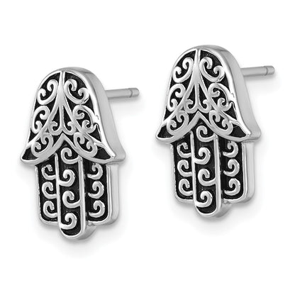 Sterling Silver Rhodium Plated Polished/oxidized Filigree Hamsa Post Earrings