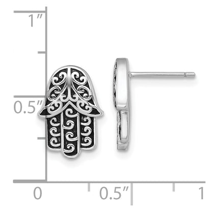 Sterling Silver Rhodium Plated Polished/oxidized Filigree Hamsa Post Earrings