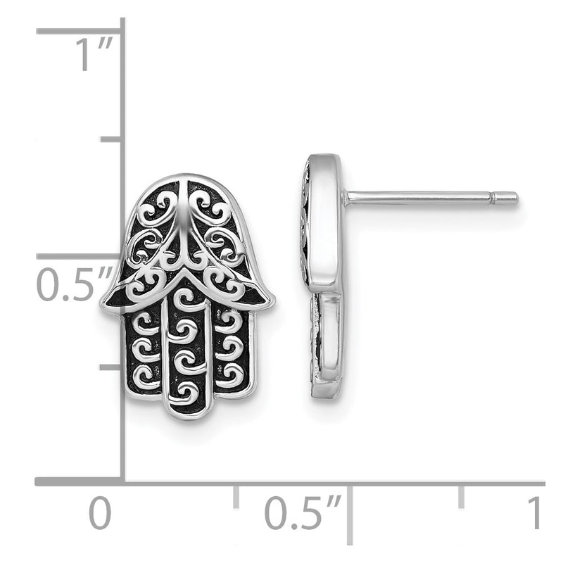 Sterling Silver Rhodium Plated Polished/oxidized Filigree Hamsa Post Earrings
