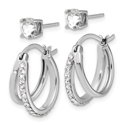 Sterling Silver Platinum Flash-Plated White Crystal Post/hoop Earring Set