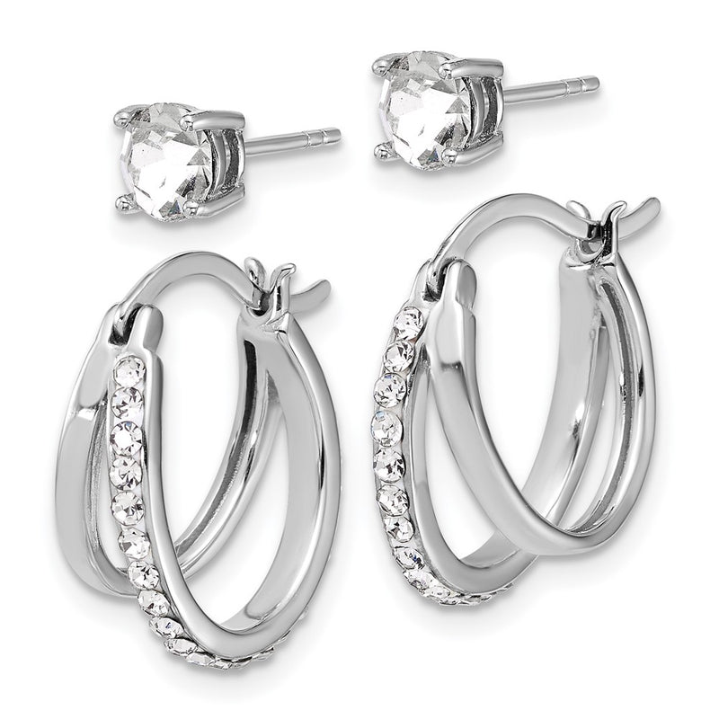 Sterling Silver Platinum Flash-Plated White Crystal Post/hoop Earring Set
