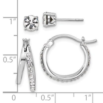Sterling Silver Platinum Flash-Plated White Crystal Post/hoop Earring Set